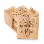 Pozostałe akcesoria barmańskie - Murrano Podkładki bambusowe pod piwo kawę zestaw x6 grawer kocia mama dla k PDK-BMB-019 - miniaturka - grafika 1