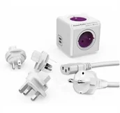 Przedłużacze i rozgałęźniki - HBF Powercube Rewirable USB+Travel Plugs+IEC 4x zásuvka 2x USB 1m Biały/Purpurowy - miniaturka - grafika 1