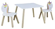 Stoliki dla dzieci - HOME DECO KIDS HOME DECO KIDS stół i 2 krzesła jednorożec Lily Dziecięca Sypialnia Meble Dekoracyjne, Drewno/MDF, Biały-Turkusowo-fioletowy, 55 x 55 x 43 - miniaturka - grafika 1