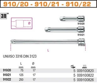 Beta PRZEDŁUŻACZ 3/8" L 250MM 910/22 - Klucze i nasadki - miniaturka - grafika 2