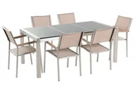 Meble ogrodowe - Beliani Meble ogrodowe stół granitowy 180 cm szary polerowany z 6 beżowymi krzesłami GROSSETO - miniaturka - grafika 1