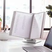 Systemy ekspozycyjne i znaki informacyjne - AJ Produkty Stojak na okładki, A4 w pionie, mieści 10 okładek, szary - miniaturka - grafika 1