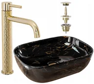 Umywalki - Rea Łazienka z wyobraźnią ZESTAW UMYWALKA BELINDA MARBLE SHINY LUNGO CZARNA KOREK U8907 B8821 A2360 - miniaturka - grafika 1
