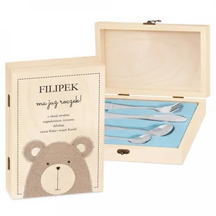 Murrano Zestaw Sztućców Dla Dzieci W Drewnianym Etui Nadruk Miś SZT-ANIMALS_DRW-UV-028 - Sztućce dla dzieci - miniaturka - grafika 2