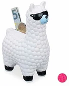 Skarbonki - Relaxdays Lama skarbonka, z okularami przeciwsłonecznymi, pomysł na prezent i dekorację, skarbonka z alpaki z ceramiki, wys. x szer. 15,5 x 11 x 6 cm, biała - miniaturka - grafika 1