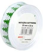 Pasmanteria - BREWIS Wstążka satynowa 25mmx22m choinki zielono/białe Brewis - miniaturka - grafika 1