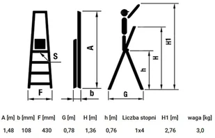 996 99674622 Drabina domowa 4 stopniowa wysokość robocza 2,76m czerwona 74622-uniw - Drabiny - miniaturka - grafika 2