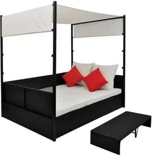 vidaXL Podwójna leżanka z baldachimem, czarny polirattan - Leżaki ogrodowe - miniaturka - grafika 2