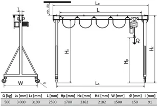 Vidaxl 339 33974596 bramowa skręcana miproCrane DELTA 300 z wciągnikiem łańcuchowym elektrycznym z wózkiem pchanym udźwig 500 kg wysięg 3000 mm wysokość podnoszenia 1700 mm) 74596-uniw - Wciągarki - miniaturka - grafika 2