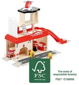 Figurki dla dzieci - Small Foot by Legler Small Foot World straży pożarnej z naturalnego drewna, 100% posiada certyfikat FSC, przy użyciu heliport i automatyczna rampa oraz Park Deck i drążek straż pożarna, akcesoria w zestawie, kompatybilny - miniaturka - grafika 1