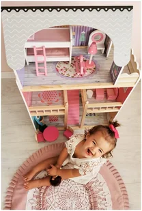 Mamabrum Duży drewniany 3-piętrowy domek dla lalek z tarasem zestawem mebli i oświetleniem LED DOMEK W06A405 - Domki dla lalek - miniaturka - grafika 10