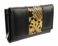 Portfele - PolskaGalanteria.pl Portfel Damski Skórzany PolskaGalanteria 15 cm Suwak Skóra Naturalna KP D1411 CZARNY Z WSTAWKĄ Skóra Węża - miniaturka - grafika 1