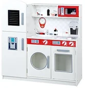 Zabawki AGD - Roba kuchnia do zabawy, duża drewniana kuchnia dziecięca biała, zabawkowy element kuchenny z lodówką, stołem, kuchenką, mikrofalówką, zlewozmywakiem, kranem - miniaturka - grafika 1