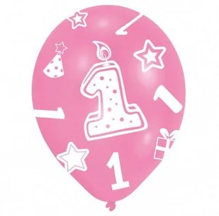 Amscan Balony lateksowe z cyfrą 1 nadruk na całej powierzchni27,5cm/11'' różowe 6 szt. INT995654 - Baby shower i roczek - miniaturka - grafika 5