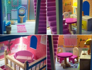 Mamabrum Duży drewniany 3-piętrowy domek dla lalek z tarasem zestawem mebli i oświetleniem LED DOMEK W06A405 - Domki dla lalek - miniaturka - grafika 28