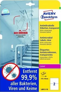 Avery Folia samoprzylepna antydrobnoustrojowa (antybakteryjna) 210x148mm ZWECKFORM transparentna/przeźroczysta 10 arkuszy 20 etykiet /L8012-10/ ZW688-20 - Folie do drukarek - miniaturka - grafika 2