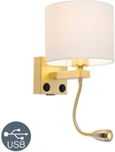Lampy ścienne - QAZQA Kinkiet złoty USB klosz biały - Brescia Combi - miniaturka - grafika 1