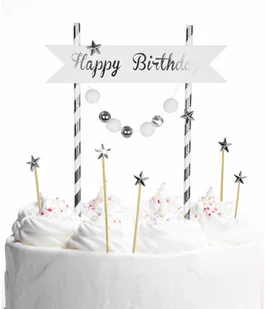 AR Topper na tort Happy Birthday ze srebrnymi pomponikami - 6 szt. K7690SRE - Dekoracje i nakrycia stołu na imprezę - miniaturka - grafika 2