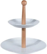 Tace i patery - EH Excellent Houseware Porcelanowa patera z drewnianym uchwytem na ciasta torty owoce 2-poziomy 628900200 - miniaturka - grafika 1