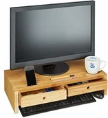Akcesoria do monitorów - Relaxdays stojak na monitor bambusowy, podwyższenie ekranu z 2 szufladami i półkami, stojak na ekran wys. x szer. x gł. 14 x 60 x 30 cm, naturalny - miniaturka - grafika 1