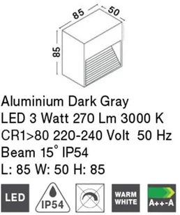 Lucide Zewnetrzna LAMPA schodowa DOWN 726408 metalowa OPRAWA ścienna LED 3W kwadratowa outdoor IP54 ciemnoszara 726408 - Lampy ogrodowe - miniaturka - grafika 4