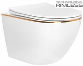 Miski WC - MISKA WC RIMLESS PODWIESZANA 49x37x33 cm rozstaw 18 cm+ deska wolnoopadająca, BIAŁA /GOLD R/C1222 - miniaturka - grafika 1