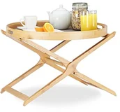 Tace i patery - Relaxdays stolik pomocniczy z bambusa, stół składany okrągły, blat stołu i odłączany taca do serwowania, HBT.: 45 x 60 x 60 cm, naturalny/szary 10021485 - miniaturka - grafika 1