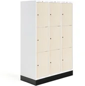 Meble do szkół i przedszkoli - AJ Produkty Szafka do szatni ROZ, 3 moduły, 9 drzwi, 1740x1200x550 mm, brzoza, z podstawą - miniaturka - grafika 1