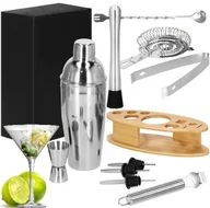 Pozostałe akcesoria barmańskie - Zestaw barmański 11 elementów shaker do drinków 550 ml i podstawka bambusowa, srebrny KI0024 - miniaturka - grafika 1