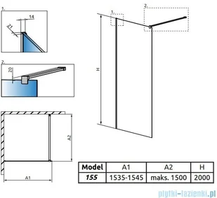 Radaway Modo X Black II kabina Walk-in 155x200 szkło przejrzyste 10mm 389355-54-01 | - Ścianki i drzwi prysznicowe - miniaturka - grafika 2