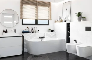 Corsan Wanna narożna do montażu przyściennego Intero prawa 160 cm z wykończeniem złotym 649407 - Wanny - miniaturka - grafika 3