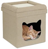 Drapaki dla kotów - Relaxdays Relaxdays Juzik dla kota wewnątrz, miejsce do spania na aksamitne łapy, pudełko dla kotów 2 poziomy, składane, wys. x szer. x gł. : 44 x 40 x 40 cm, brązowy/biały 10038511 - miniaturka - grafika 1