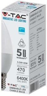 V-TAC Żarówka LED SAMSUNG CHIP 5.5W E14 Świeczka Ściemnialna VT-293D 6400K 470lm - Żarówki LED - miniaturka - grafika 3