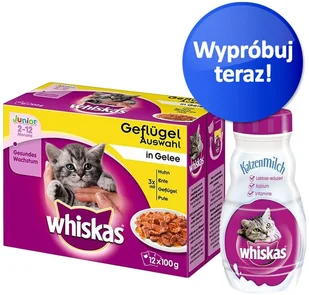 Whiskas Zestaw startowy Junior w saszetkach + mleko w super cenie! - 24 x 100 g Wybór dań mięsnych w sosie + 6 x 200 ml mleko - Mokra karma dla kotów - miniaturka - grafika 2