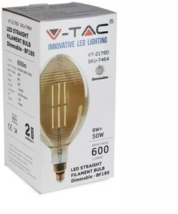 V-TAC Żarówka LED 8W Straight Filament E27 BF180 Bursztyn Ściemnialna VT-2178D 2000K 600lm - Żarówki LED - miniaturka - grafika 2