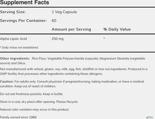 Now Foods Alpha Lipoic Acid 250mg - 60 kapsułek - Witaminy i minerały dla sportowców - miniaturka - grafika 2