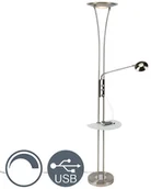 Lampy stojące - QAZQA Lampa podłogowa stal z ramię do czytania LED USB - Sevilla - miniaturka - grafika 1