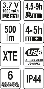 Yato LATARKA CZOŁOWA CREE XTE 500LM AKUMULATOROWA LI-ION 3,7V 1000MAH IP44 ŚWIATŁO BIAŁE NIEBIESKIE I CZERWONE - Latarki Yato LATARKA CZOŁOWA CREE XTE 500LM AKUMULATOROWA LI-ION 3,7V 1000MAH IP44 ŚWIATŁO BIAŁE NIEBIESKIE I CZERWONE - Latarki - miniaturka - grafika 7