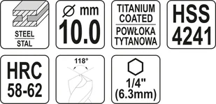 Yato WIERTŁO FREZUJĄCE DO METALU 10,0MM HSS-TiN HEX YT-44828 - Wiertła - miniaturka - grafika 5