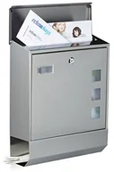 Skrzynki na listy - Relaxdays Skrzynka na listy z tubą na gazety ze stali nierdzewnej,  tabliczką na nazwisko, przezroczyste okienko, wys. x szer. x gł.: 42 x 35 x 12,5 cm, wzornictwo, srebrny 10020767 - miniaturka - grafika 1