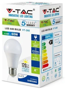 V-TAC Żarówka LED SAMSUNG CHIP 6.5W E27 A++ A60 VT-265 6400K 806lm - Żarówki LED - miniaturka - grafika 2