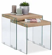 Ławy i stoliki kawowe - Relaxdays zestaw 2 stolików drewnianych, masywna płyta drewniana, szlachetne szkło, stoliki pomocnicze, salon, stoliki kawowe 40  45 cm wysokości, naturalne - miniaturka - grafika 1