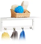 Wieszaki łazienkowe - Relaxdays Regał ścienny z 4 haczykami, wys. x szer. x gł.: 17,5 x 50 x 16 cm, bambus, wieszak na ręczniki, garderoba ścienna, freischwebend , biały 10020923 - miniaturka - grafika 1