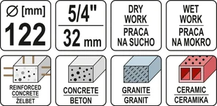 Yato WIERTŁO KORONOWE DO WIERTNICY 122MM DO WIERCENIA NA SUCHO I MOKRO YT-60377 - Wiertła - miniaturka - grafika 4