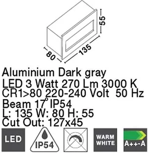 Lucide Podtynkowa LAMPA schodowa KRYPTON 726406 zewnętrzna OPRAWA ścienna LED 3W do zadudowy outdoor IP54 ciemnoszara 726406 - Lampy ogrodowe - miniaturka - grafika 4