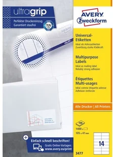 Avery Trwałe etykiety uniwersalne Zweckform; A4, 100 ark./op., 105 x 41 mm, białe /3477/ ZW186 - Etykiety do drukarek - miniaturka - grafika 3