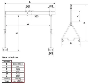 999 99968046 Suwnica bramowa aluminiowa z kołami + specjalne zblocze i wciągnik ręczny udźwig suwnicy/wciągnika 1000/1000 kg szerokość 4,23m wysokość 3,885m wys dla pracy wciągarki 2,23-3,50 m) 68046-uniw - Wciągarki - miniaturka - grafika 2