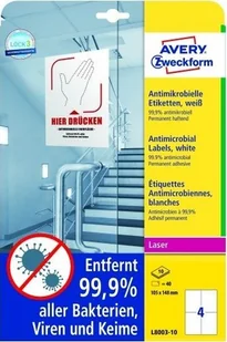 Avery Folia samoprzylepna antydrobnoustrojowa (antybakteryjna) 105x148mm ZWECKFORM biała 10 arkuszy 40 etykiet /L8003-10/ ZW689-10 - Folie do drukarek - miniaturka - grafika 2