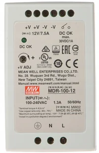 Mean Well Zasilacz LED MeanWell 90W 12V DC 7,5A na szynę DIN MDR-100-12 - Zasilacze i transformatory - miniaturka - grafika 4