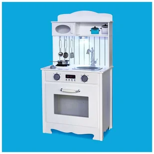 Mamabrum Biała drewniana kuchnia z fartuszkiem, akcesoriami i lampą LED WOODEN KITCHEN 133 - Zabawki AGD - miniaturka - grafika 5